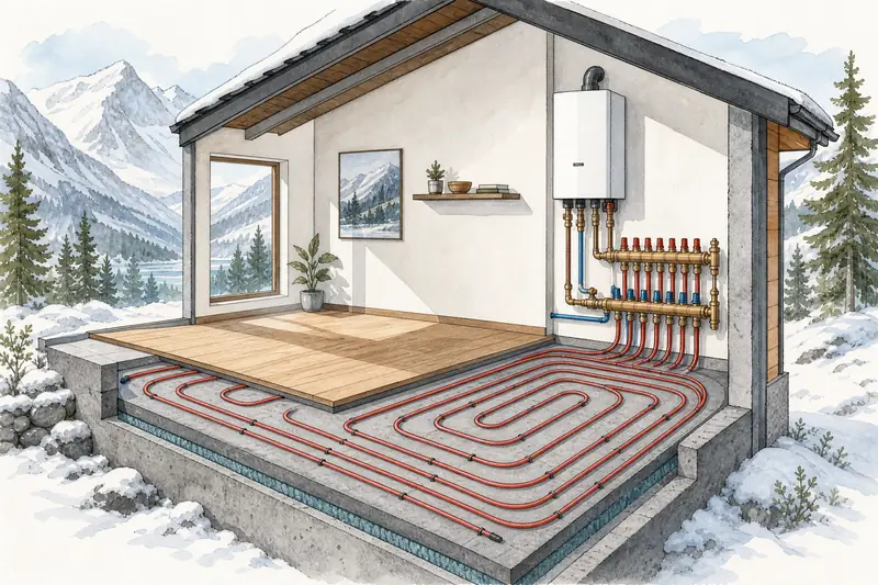 Cutaway illustration of a mountain house whose wood floor and concrete slab are peeled back to show red tubing loops running to a brass manifold under a white wall-hung boiler