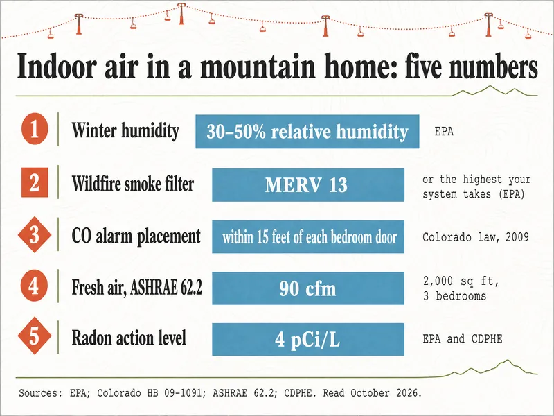 Trail-map style chart titled Indoor air in a mountain home: five numbers: 1 winter humidity 30–50% relative humidity, EPA; 2 wildfire smoke filter MERV 13 or the highest your system takes, EPA; 3 CO alarm placement within 15 feet of each bedroom door, Colorado law 2009; 4 fresh air per ASHRAE 62.2, 90 cfm for 2,000 sq ft and 3 bedrooms; 5 radon action level 4 pCi/L, EPA and CDPHE; sources EPA, Colorado HB 09-1091, ASHRAE 62.2, CDPHE, read October 2026