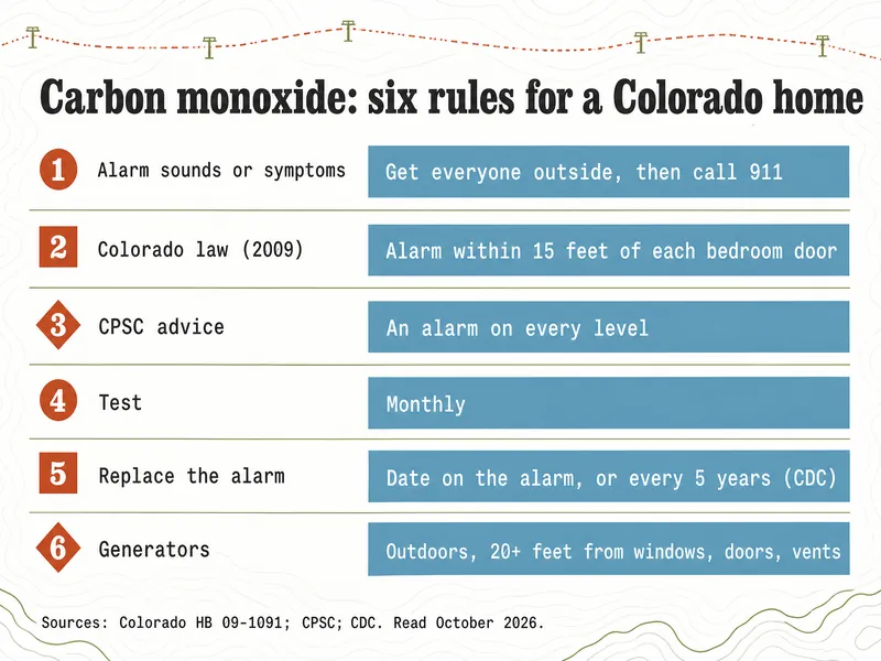 Trail-map style chart titled Carbon monoxide: six rules for a Colorado home: 1 alarm sounds or symptoms, get everyone outside, then call 911; 2 Colorado law 2009, alarm within 15 feet of each bedroom door; 3 CPSC advice, an alarm on every level; 4 test monthly; 5 replace the alarm by the date on it or every 5 years per CDC; 6 generators outdoors, 20 or more feet from windows, doors and vents; sources Colorado HB 09-1091, CPSC, CDC, read October 2026