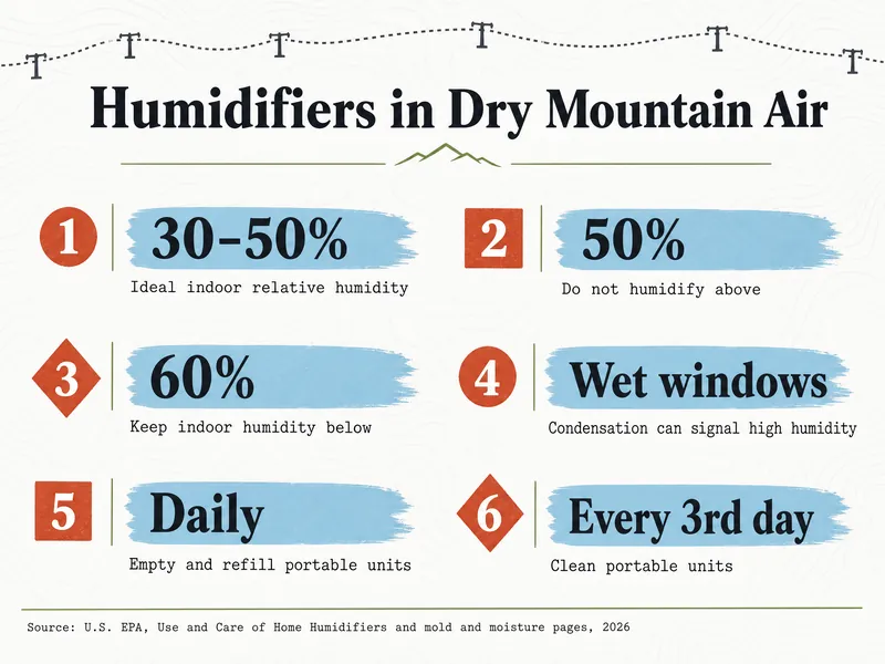 Trail-map style chart titled "Humidifiers in Dry Mountain Air" with six numbered items: 30-50% ideal indoor relative humidity; 50% do not humidify above; 60% keep indoor humidity below; wet windows, condensation can signal high humidity; daily, empty and refill portable units; every 3rd day, clean portable units. Source: U.S. EPA, Use and Care of Home Humidifiers and mold and moisture pages, 2026