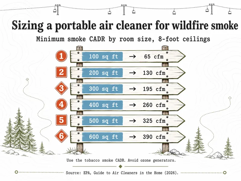 Trail-map style chart titled Sizing a portable air cleaner for wildfire smoke, minimum smoke CADR by room size with 8-foot ceilings: 100 sq ft 65 cfm, 200 sq ft 130 cfm, 300 sq ft 195 cfm, 400 sq ft 260 cfm, 500 sq ft 325 cfm, 600 sq ft 390 cfm; use the tobacco smoke CADR and avoid ozone generators; source EPA's air cleaners in the home page, 2026