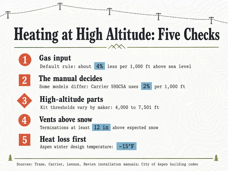 Heating at high altitude: five checks. 1: Gas input, default rule about 4% less per 1,000 ft above sea level. 2: The manual decides; some models differ, Carrier 59SC5A uses 2% per 1,000 ft. 3: High-altitude parts, kit thresholds vary by maker, 4,000 to 7,501 ft. 4: Vents above snow, terminations at least 12 in above expected snow. 5: Heat loss first, Aspen winter design temperature −15°F. Sources: Trane, Carrier, Lennox, Navien installation manuals; City of Aspen building codes.