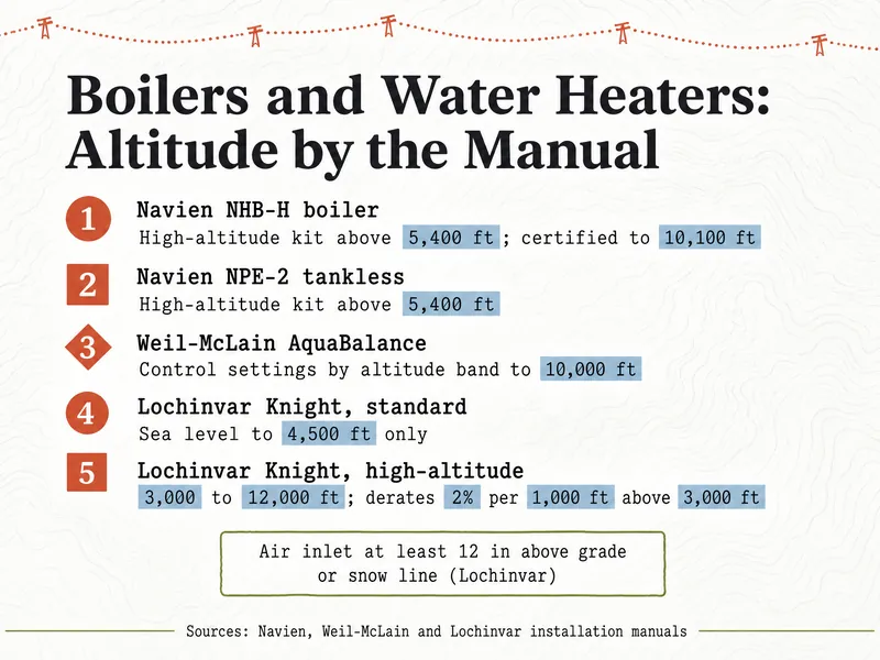 Boilers and water heaters: altitude by the manual. 1: Navien NHB-H boiler, high-altitude kit above 5,400 ft, certified to 10,100 ft. 2: Navien NPE-2 tankless, high-altitude kit above 5,400 ft. 3: Weil-McLain AquaBalance, control settings by altitude band to 10,000 ft. 4: Lochinvar Knight, standard, sea level to 4,500 ft only. 5: Lochinvar Knight, high-altitude, 3,000 to 12,000 ft, derates 2% per 1,000 ft above 3,000 ft. Note: air inlet at least 12 in above grade or snow line (Lochinvar). Sources: Navien, Weil-McLain and Lochinvar installation manuals.