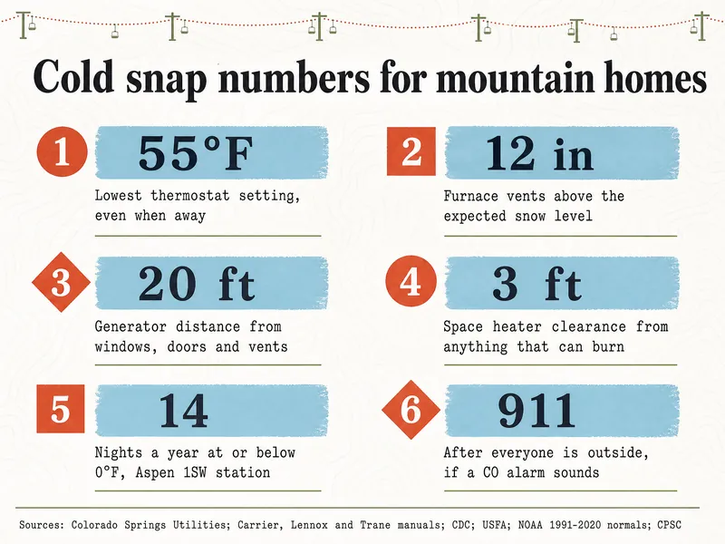 Cold snap numbers for mountain homes. 1: 55°F, lowest thermostat setting, even when away. 2: 12 in, furnace vents above the expected snow level. 3: 20 ft, generator distance from windows, doors and vents. 4: 3 ft, space heater clearance from anything that can burn. 5: 14 nights a year at or below 0°F, Aspen 1SW station. 6: 911, after everyone is outside, if a CO alarm sounds. Sources: Colorado Springs Utilities; Carrier, Lennox and Trane manuals; CDC; USFA; NOAA 1991-2020 normals; CPSC.