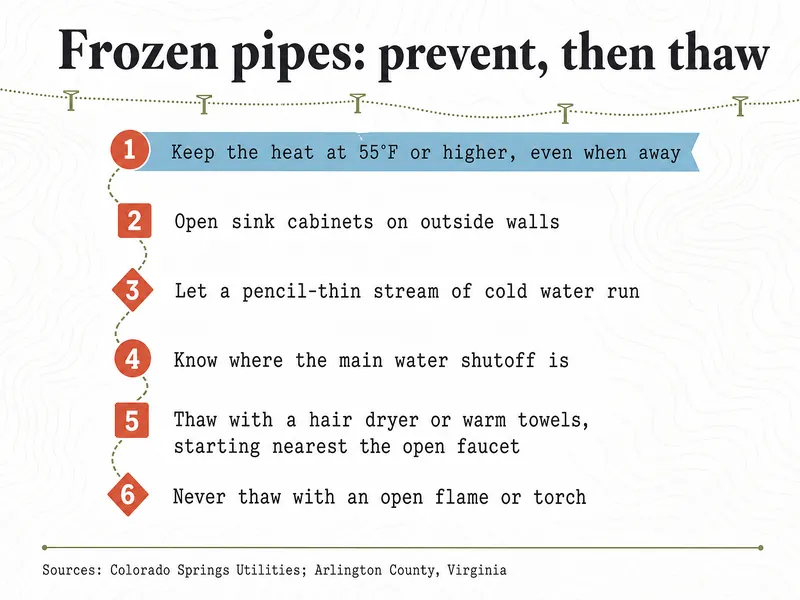 Frozen pipes: prevent, then thaw. Step 1: keep the heat at 55°F or higher, even when away. Step 2: open sink cabinets on outside walls. Step 3: let a pencil-thin stream of cold water run. Step 4: know where the main water shutoff is. Step 5: thaw with a hair dryer or warm towels, starting nearest the open faucet. Step 6: never thaw with an open flame or torch. Sources: Colorado Springs Utilities; Arlington County, Virginia.