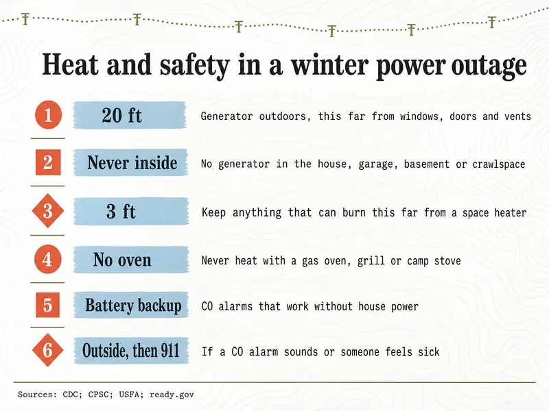 Heat and safety in a winter power outage. 1: 20 ft, generator outdoors this far from windows, doors and vents. 2: never inside, no generator in the house, garage, basement or crawlspace. 3: 3 ft, keep anything that can burn this far from a space heater. 4: no oven, never heat with a gas oven, grill or camp stove. 5: battery backup, CO alarms that work without house power. 6: outside, then 911, if a CO alarm sounds or someone feels sick. Sources: CDC; CPSC; USFA; ready.gov.