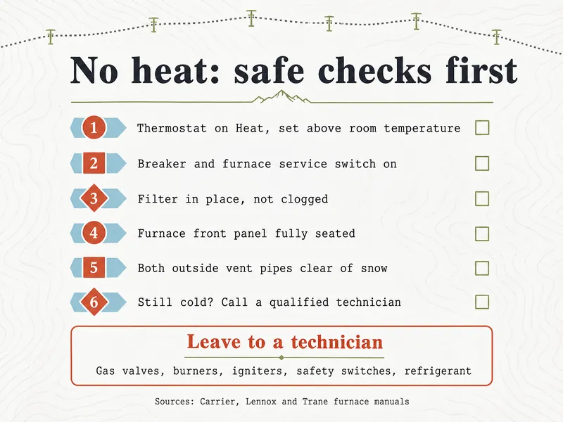 No heat: safe checks first. 1: thermostat on Heat, set above room temperature. 2: breaker and furnace service switch on. 3: filter in place, not clogged. 4: furnace front panel fully seated. 5: both outside vent pipes clear of snow. 6: still cold? Call a qualified technician. Leave to a technician: gas valves, burners, igniters, safety switches, refrigerant. Sources: Carrier, Lennox and Trane furnace manuals.