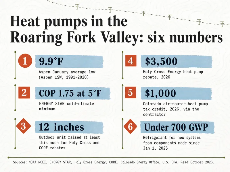 Infographic titled Heat pumps in the Roaring Fork Valley: six numbers. 1, 9.9°F: Aspen January average low (Aspen 1SW, 1991-2020). 2, COP 1.75 at 5°F: ENERGY STAR cold-climate minimum. 3, 12 inches: outdoor unit raised at least this much for Holy Cross and CORE rebates. 4, $3,500: Holy Cross Energy heat pump rebate, 2026. 5, $1,000: Colorado air-source heat pump tax credit, 2026, via the contractor. 6, Under 700 GWP: refrigerant for new systems from components made since Jan 1, 2025. Sources: NOAA NCEI, ENERGY STAR, Holy Cross Energy, CORE, Colorado Energy Office, U.S. EPA. Read October 2026.
