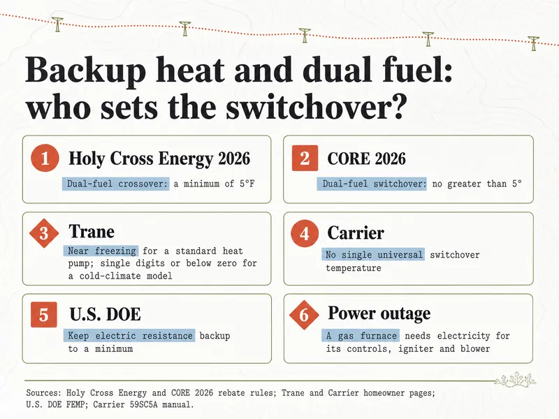 Infographic titled Backup heat and dual fuel: who sets the switchover. 1, Holy Cross Energy 2026: dual-fuel crossover a minimum of 5°F. 2, CORE 2026: dual-fuel switchover no greater than 5°. 3, Trane: near freezing for a standard heat pump; single digits or below zero for a cold-climate model. 4, Carrier: no single universal switchover temperature. 5, U.S. DOE: keep electric resistance backup to a minimum. 6, Power outage: a gas furnace needs electricity for its controls, igniter and blower. Sources: Holy Cross Energy and CORE 2026 rebate rules; Trane and Carrier homeowner pages; U.S. DOE FEMP; Carrier 59SC5A manual.