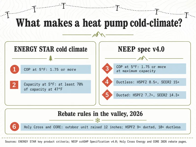 Infographic titled What makes a heat pump cold-climate. ENERGY STAR cold climate: 1, COP at 5°F 1.75 or more; 2, capacity at 5°F at least 70% of capacity at 47°F. NEEP spec v4.0: 3, COP at 5°F 1.75 or more at maximum capacity; 4, ductless HSPF2 8.5+, SEER2 15+; 5, ducted HSPF2 7.7+, SEER2 14.3+. Rebate rules in the valley, 2026: 6, Holy Cross and CORE, outdoor unit raised 12 inches, HSPF2 9+ ducted, 10+ ductless. Sources: ENERGY STAR key product criteria; NEEP ccASHP Specification v4.0; Holy Cross Energy and CORE 2026 rebate pages.