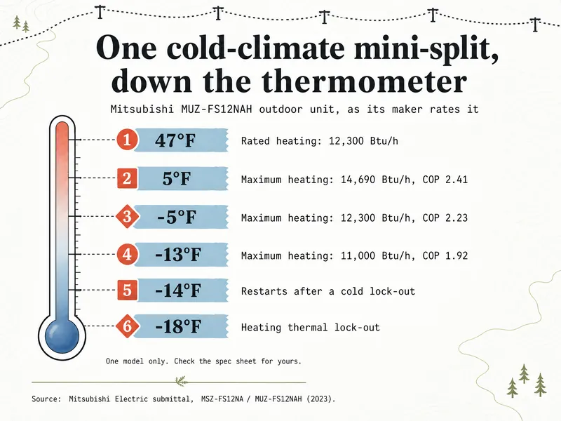 Infographic titled One cold-climate mini-split, down the thermometer, for the Mitsubishi MUZ-FS12NAH outdoor unit as its maker rates it. 1, 47°F: rated heating 12,300 Btu/h. 2, 5°F: maximum heating 14,690 Btu/h, COP 2.41. 3, −5°F: maximum heating 12,300 Btu/h, COP 2.23. 4, −13°F: maximum heating 11,000 Btu/h, COP 1.92. 5, −14°F: restarts after a cold lock-out. 6, −18°F: heating thermal lock-out. Note: one model only, check the spec sheet for yours. Source: Mitsubishi Electric submittal, MSZ-FS12NA / MUZ-FS12NAH (2023).