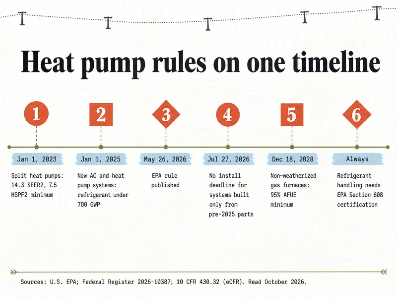 Infographic titled Heat pump rules on one timeline. 1, Jan 1, 2023: split heat pumps 14.3 SEER2, 7.5 HSPF2 minimum. 2, Jan 1, 2025: new AC and heat pump systems use refrigerant under 700 GWP. 3, May 26, 2026: EPA rule published. 4, Jul 27, 2026: no install deadline for systems built only from pre-2025 parts. 5, Dec 18, 2028: non-weatherized gas furnaces 95% AFUE minimum. 6, Always: refrigerant handling needs EPA Section 608 certification. Sources: U.S. EPA; Federal Register 2026-10387; 10 CFR 430.32 (eCFR). Read October 2026.