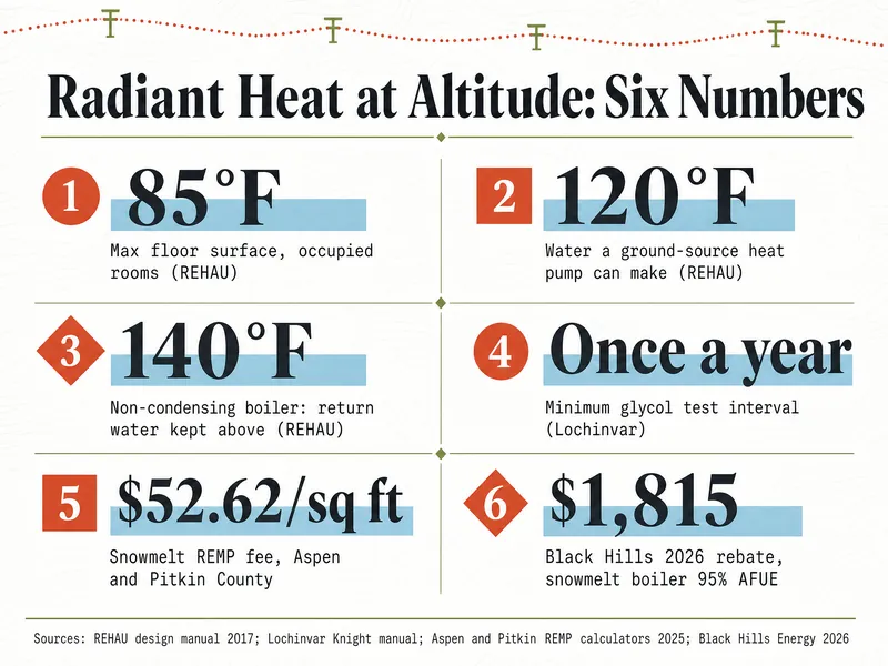 Chart on a trail-map sheet, "Radiant Heat at Altitude: Six Numbers": item 1, 85°F, max floor surface, occupied rooms (REHAU); item 2, 120°F, water a ground-source heat pump can make (REHAU); item 3, 140°F, non-condensing boiler: return water kept above (REHAU); item 4, once a year, minimum glycol test interval (Lochinvar); item 5, $52.62/sq ft, snowmelt REMP fee, Aspen and Pitkin County; item 6, $1,815, Black Hills 2026 rebate, snowmelt boiler 95% AFUE. Sources: REHAU design manual 2017; Lochinvar Knight manual; Aspen and Pitkin REMP calculators 2025; Black Hills Energy 2026