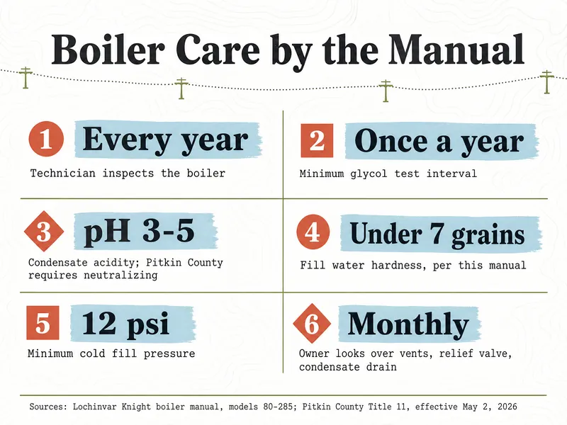 Trail-map style chart titled "Boiler Care by the Manual" with six numbered items: every year, technician inspects the boiler; once a year, minimum glycol test interval; pH 3-5, condensate acidity, Pitkin County requires neutralizing; under 7 grains, fill water hardness per this manual; 12 psi, minimum cold fill pressure; monthly, owner looks over vents, relief valve and condensate drain. Sources: Lochinvar Knight boiler manual, models 80-285; Pitkin County Title 11, effective May 2, 2026