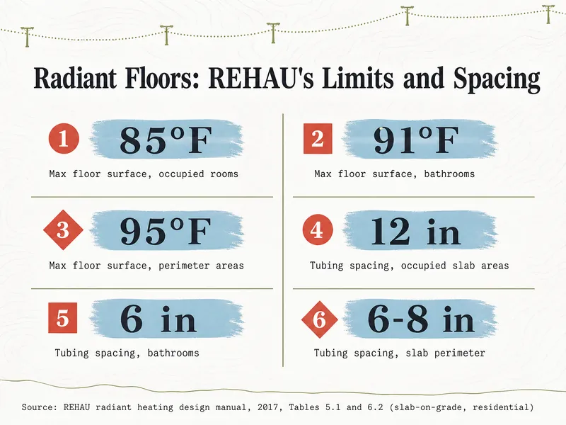 Trail-map style chart titled "Radiant Floors: REHAU's Limits and Spacing" with six numbered items: 85°F max floor surface, occupied rooms; 91°F max floor surface, bathrooms; 95°F max floor surface, perimeter areas; 12 in tubing spacing, occupied slab areas; 6 in tubing spacing, bathrooms; 6-8 in tubing spacing, slab perimeter. Source: REHAU radiant heating design manual, 2017, Tables 5.1 and 6.2 (slab-on-grade, residential)