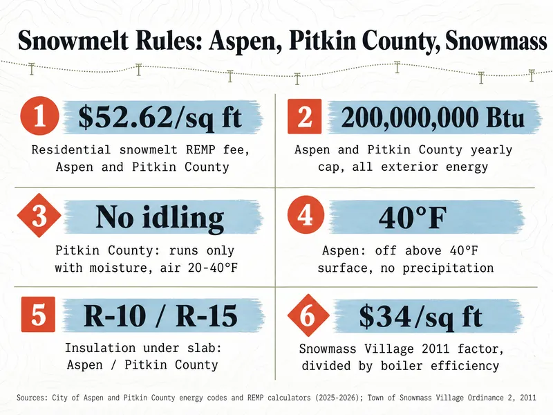 Trail-map style chart titled "Snowmelt Rules: Aspen, Pitkin County, Snowmass" with six numbered items: $52.62/sq ft residential snowmelt REMP fee, Aspen and Pitkin County; 200,000,000 Btu Aspen and Pitkin County yearly cap on all exterior energy; no idling, Pitkin County runs only with moisture and air 20-40°F; 40°F, Aspen off above 40°F surface with no precipitation; R-10 / R-15 insulation under slab, Aspen / Pitkin County; $34/sq ft Snowmass Village 2011 factor divided by boiler efficiency. Sources: City of Aspen and Pitkin County energy codes and REMP calculators (2025-2026); Town of Snowmass Village Ordinance 2, 2011