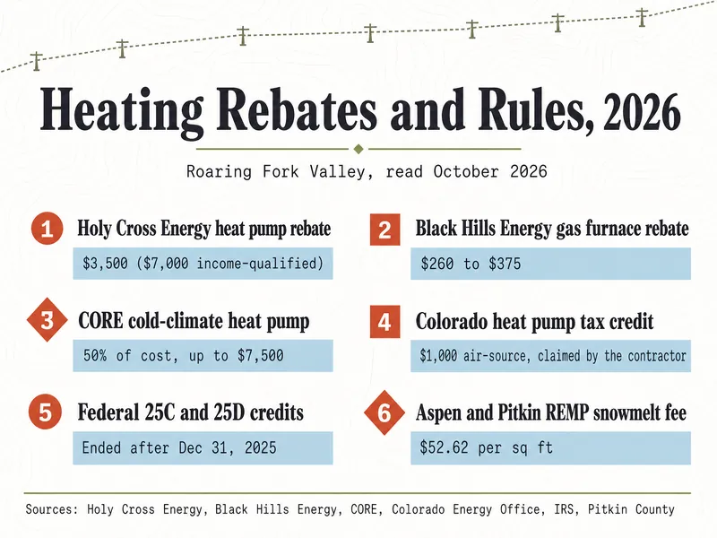 Chairlift-topped trail-map sheet headed Heating Rebates and Rules, 2026 (subtitle: Roaring Fork Valley, read October 2026) listing six marked items: 1 Holy Cross Energy heat pump rebate $3,500 ($7,000 income-qualified); 2 Black Hills Energy gas furnace rebate $260 to $375; 3 CORE: cold-climate heat pump, 50% of cost, up to $7,500; 4 Colorado heat pump tax credit $1,000 air-source, claimed by the contractor; 5 Federal 25C and 25D credits ended after Dec 31, 2025; 6 Aspen and Pitkin REMP snowmelt fee $52.62 per sq ft. Sources: Holy Cross Energy, Black Hills Energy, CORE, Colorado Energy Office, IRS, Pitkin County