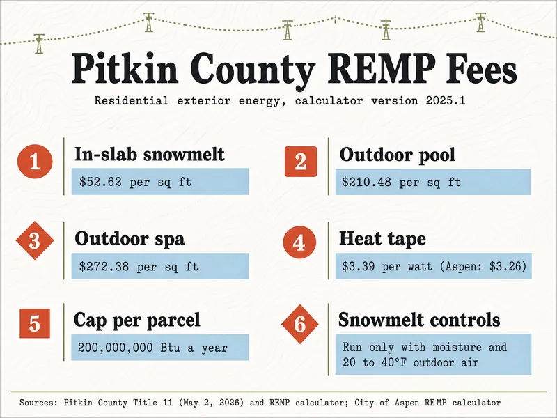 Trail-map infographic titled Pitkin County REMP Fees, residential exterior energy, calculator version 2025.1, with six numbered markers: 1 In-slab snowmelt $52.62 per sq ft; 2 Outdoor pool $210.48 per sq ft; 3 Outdoor spa $272.38 per sq ft; 4 Heat tape $3.39 per watt (Aspen: $3.26); 5 Cap per parcel 200,000,000 Btu a year; 6 Snowmelt controls: run only with moisture and 20 to 40°F outdoor air. Sources: Pitkin County Title 11 (May 2, 2026) and REMP calculator; City of Aspen REMP calculator