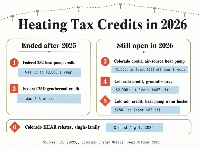 Trail-map infographic titled Heating Tax Credits in 2026, split into Ended after 2025 and Still open in 2026: 1 Federal 25C heat pump credit, was up to $2,000 a year; 2 Federal 25D geothermal credit, was 30% of cost; 3 Colorado credit, air-source heat pump, $1,000, at least $333 off your invoice; 4 Colorado credit, ground-source, $2,000, at least $667 off; 5 Colorado credit, heat pump water heater, $250, at least $83 off; 6 Colorado HEAR rebates, single-family, closed Aug 1, 2026. Sources: IRS (2025), Colorado Energy Office; read October 2026