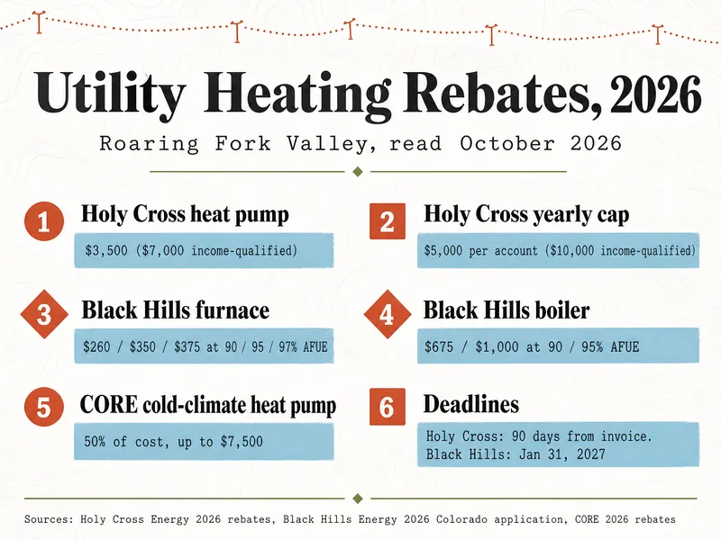 Trail-map infographic titled Utility Heating Rebates, 2026, Roaring Fork Valley, read October 2026, with six numbered markers: 1 Holy Cross heat pump $3,500 ($7,000 income-qualified); 2 Holy Cross yearly cap $5,000 per account ($10,000 income-qualified); 3 Black Hills furnace $260 / $350 / $375 at 90 / 95 / 97% AFUE; 4 Black Hills boiler $675 / $1,000 at 90 / 95% AFUE; 5 CORE cold-climate heat pump, labeled "50% of cost, up to $7,500"; 6 Deadlines: Holy Cross 90 days from invoice, Black Hills Jan 31, 2027. Sources: Holy Cross Energy 2026 rebates, Black Hills Energy 2026 Colorado application, CORE 2026 rebates